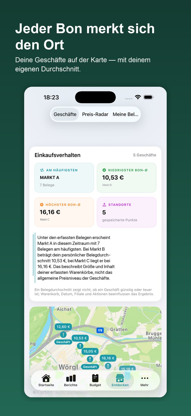 Bonheft Karte: jeder Bon merkt sich den Ort mit deinem eigenen Durchschnitt